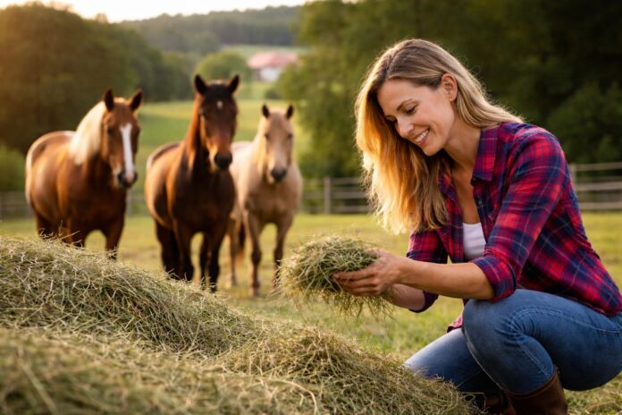 Heu für Pferde – Frau prüft frisch geerntetes Pferdeheu auf einer Wiese